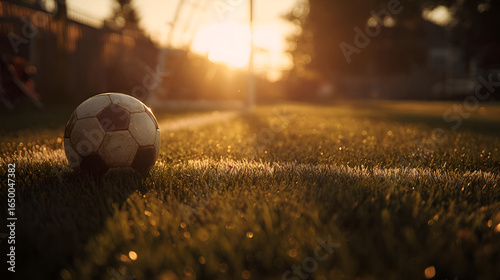 Well Worn Soccer Ball on Grassy Field at Sunset