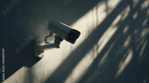 White Security Camera on a Textured Wall with Light and Shadow