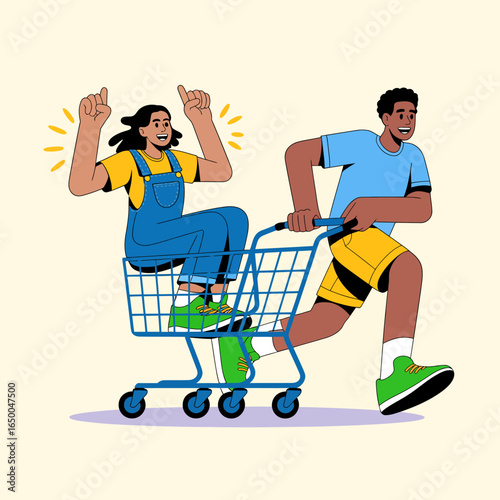 A youthful duo enjoys an exciting shopping adventure, showcasing joy and spontaneity as one friend pushes the other in a shopping cart, emphasizing friendship and fun.