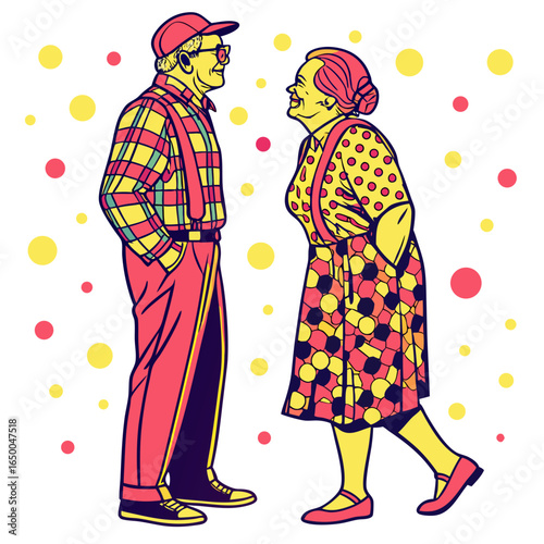 Happy grandparents in colorful outfits pop art couple
