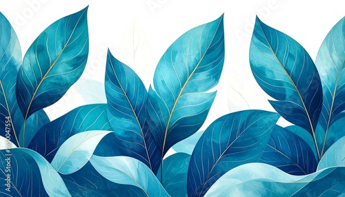 Vibrant teal leaves against a stark white background.