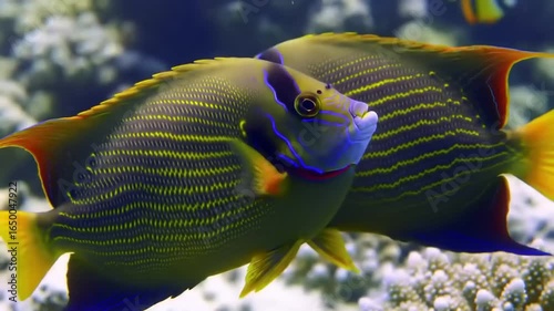 Two brightly colored angelfish in a coral reef
