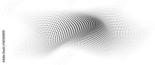 Flowing Wave Dot Halftone Pattern: Curve Gradient Shape on Transparent Background. Suitable for AI, Tech, Network, Digital, Science, and Technology Themes.