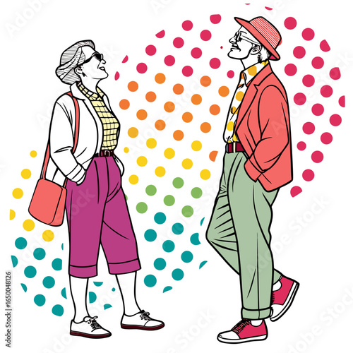 Stylish couple looking up with colorful dots pop art