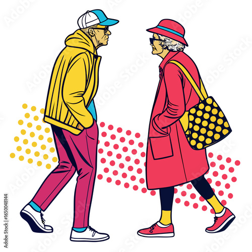 Stylish elderly couple walking together pop art grandparents