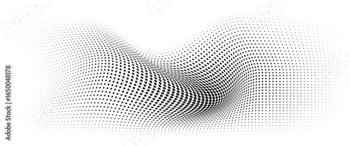 Flowing Wave Dot Halftone Pattern: Curve Gradient Shape on Transparent Background. Suitable for AI, Tech, Network, Digital, Science, and Technology Themes.