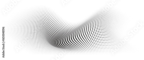 Flowing Wave Dot Halftone Pattern: Curve Gradient Shape on Transparent Background. Suitable for AI, Tech, Network, Digital, Science, and Technology Themes.