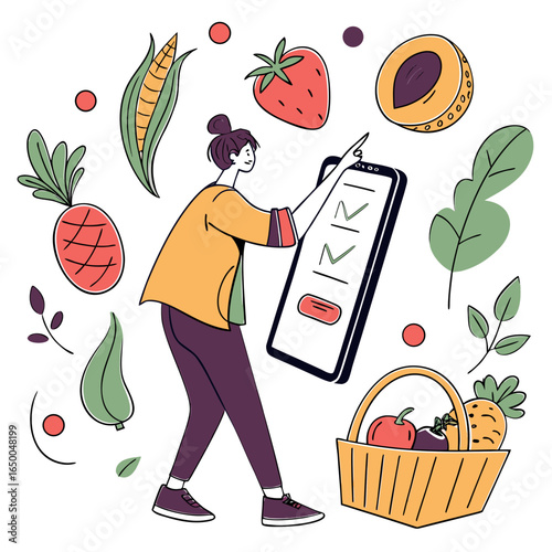 Woman ordering groceries online with fresh produce