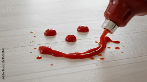 Ketchup Smile: Bottle Pours Red Sauce on Wood Floor, Creating a Happy Face