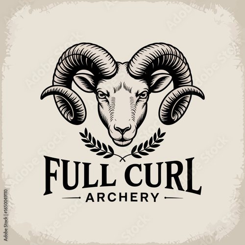 This elegant logo showcases a ram's head with swirling horns, designed for an archery brand, representing tradition and strength in a stylish monochromatic way.