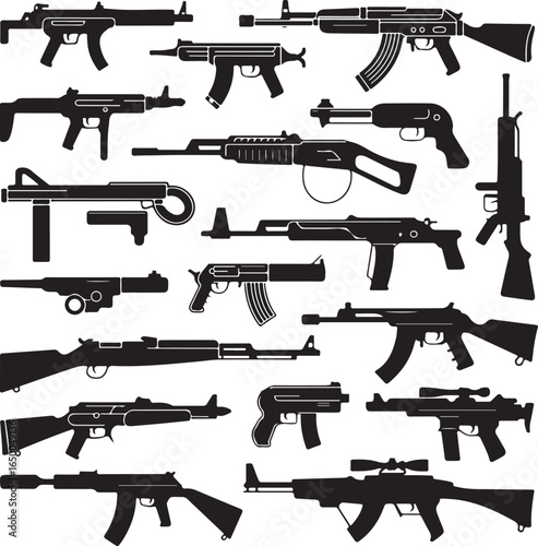Assortment of firearms including rifles and pistols in silhouette Keywords: rifle, pistol, handgun