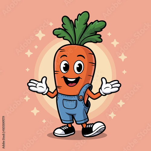 This cheerful carrot character with a big smile and welcoming open arms promotes happiness and friendliness, set against a warm, radiant backdrop.