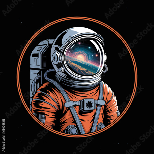 Illustration of an astronaut gazing at a breathtaking view of the universe in a dark background, signifying exploration, curiosity, and humanity's quest for knowledge.