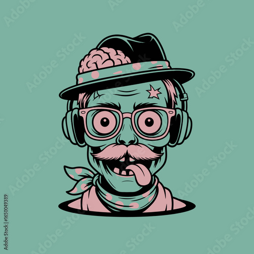This image features a fun and stylized zombie character with a brain and accessories, reflecting a humorous take on zombie life infused with vibrant colors and personality.