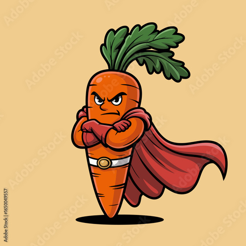Depicting an animated carrot as a superhero in a red cape, this image conveys a sense of adventure, fun, and character through its bold stance and playful appearance.