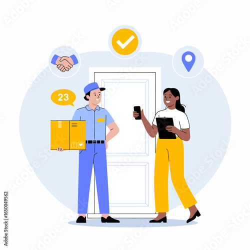 A cheerful courier delivers a package to a customer, symbolizing strong interpersonal relationships in modern logistics and personal service elements. Ideal for delivery concepts.