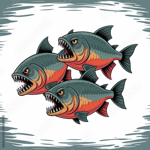 Featuring three ferocious piranhas in a bold artistic style, this vibrant image captures their fierce expressions and danger, ideal for those wanting to convey excitement about aquatic life.