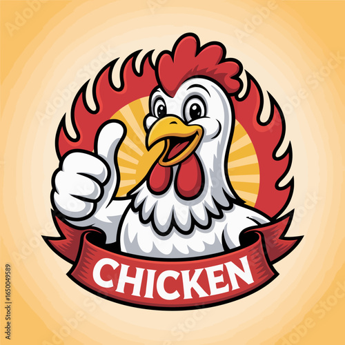 An uplifting image of a cheerful chicken giving a thumbs up with a fierce fiery background, ideal for advertisements in culinary or restaurant environments focused on fun.