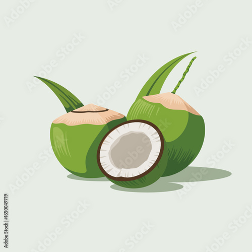 This appealing visual of two green coconuts, with one split open, emphasizes their natural charm and nutritious benefits as a delightful tropical fruit choice.