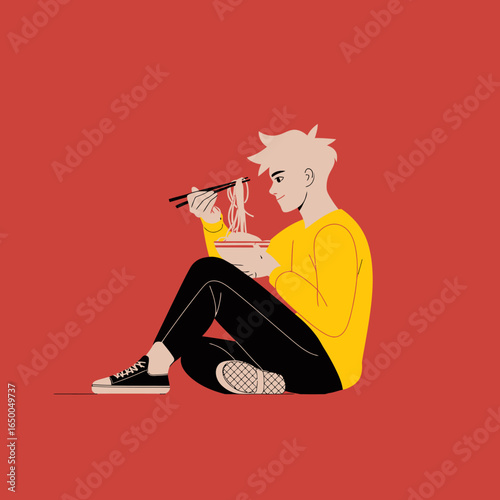 A stylish illustration depicts a man enjoying a bowl of noodles, using chopsticks, while seated comfortably, emphasizing the delightful experience of casual dining.