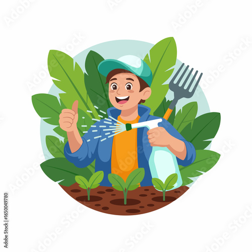 A joyful young boy happily sprays water on plants in a garden, illustrating the innocence of childhood combined with the nurturing act of caring for nature and growth.