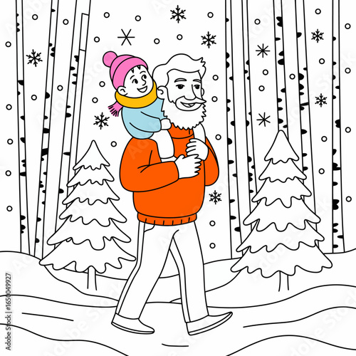 A joyful moment captured as a father carries his child on his shoulders during a winter stroll, surrounded by a snowy forest filled with trees and flakes of snow.