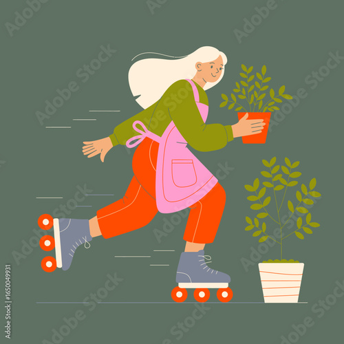 An enthusiastic woman roller skates while holding a potted plant, symbolizing vitality, joy, and a unique blend of playfulness with an appreciation for nature and gardening.
