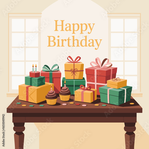 An aesthetically pleasing birthday scene filled with colorful gifts and delectable cakes, characterized by a warm ambiance for celebrating moments of joy and happiness.