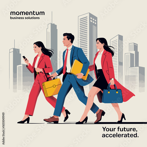 A modern representation of three business professionals confidently walking through an urban environment, highlighting themes of ambition, teamwork, and contemporary business culture.