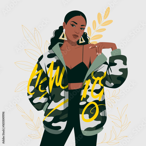 A fashionable woman in a camouflage jacket strikes a confident pose, embodying urban style and self-expression in a modern, vibrant aesthetic rich in personality.