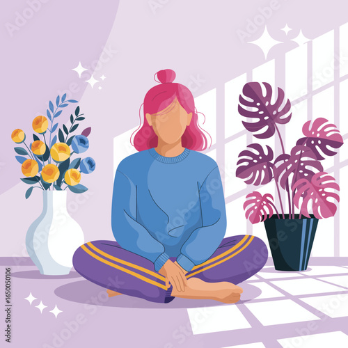 A stylish woman meditating in a serene indoor setting, surrounded by vibrant flowers and plants, signifying emotional balance and the importance of self-reflection.