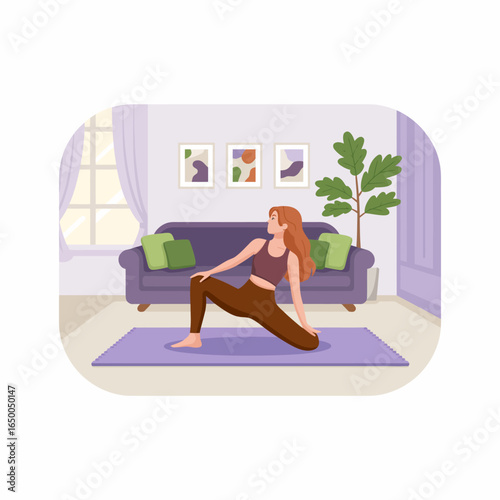 A serene scene of a woman practicing yoga in a cozy living room, emphasizing relaxation, strength, and mindfulness in a peaceful environment.