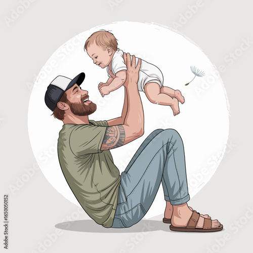 A father joyfully lifting his baby captures a perfect moment of love and happiness, showcasing the bond and lightheartedness of family life.