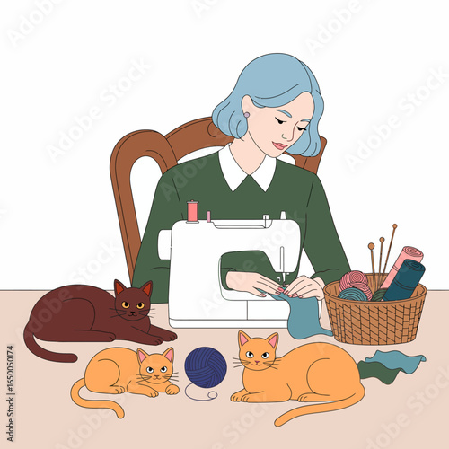 A woman focuses on sewing at a table surrounded by two cats, yarn, and a sewing machine, illustrating a cozy and creative home environment filled with craft supplies.