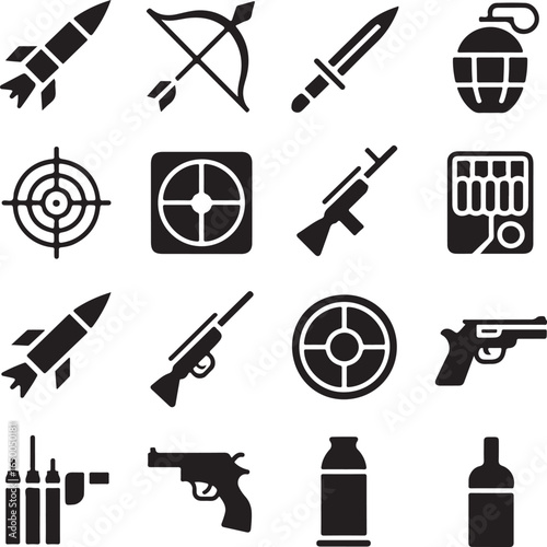 Collection of Black Silhouette Weapon Icons on White Background Keywords: weapon, icon, silhouette