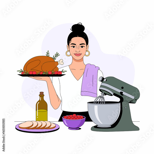 A cheerful woman holds a nicely garnished turkey on a plate, symbolizing the warmth of home cooking and the happiness of gathering with family during festive occasions.