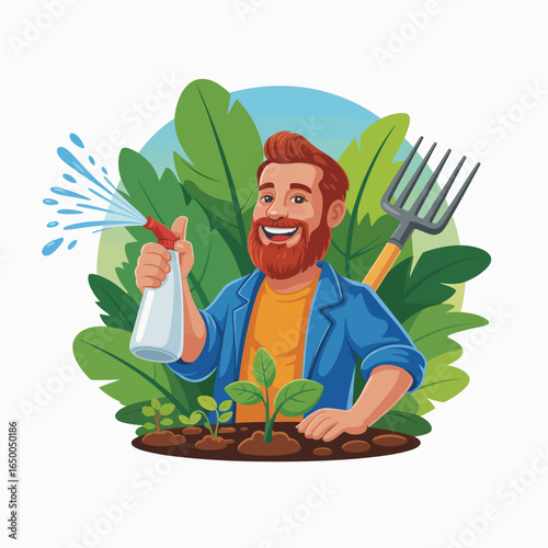 A cheerful man holds a spray bottle while tending to his plants, representing joy and enthusiasm in gardening and the rewarding experience of nurturing nature every day.