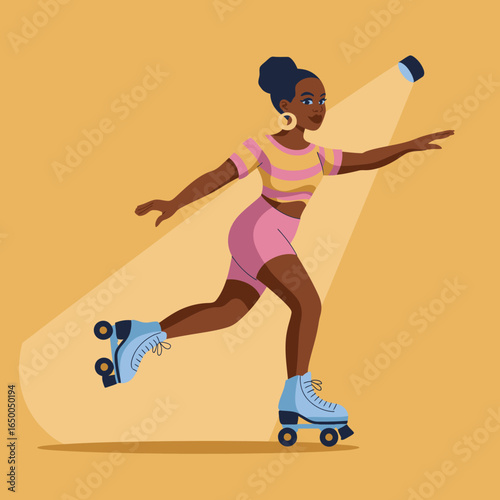 A talented roller skater performs gracefully under a spotlight, highlighting her skill and confidence, encapsulating the joy and freedom of skating artfully on wheels.