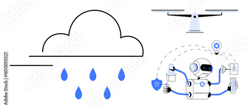 Autonomous robot multitasking under a flying drone and raindrops from a cloud. Ideal for technology, innovation, automation, environment, weather control, artificial intelligence, futuristic ideas