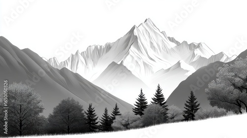 Stunning monochrome mountain landscape featuring detailed trees and peaks.