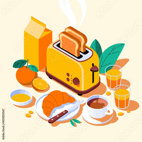 A vibrant breakfast scene featuring a yellow toaster, toasted bread, croissants, fruit juices, and fresh fruit, perfect for morning energy and enjoyment.