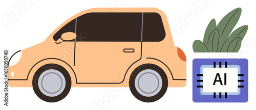 Orange car representing autonomous vehicles, AI chip symbolizing artificial intelligence, and a lush plant. Ideal for technology, automation, eco-conscious innovation, AI, smart mobility, future