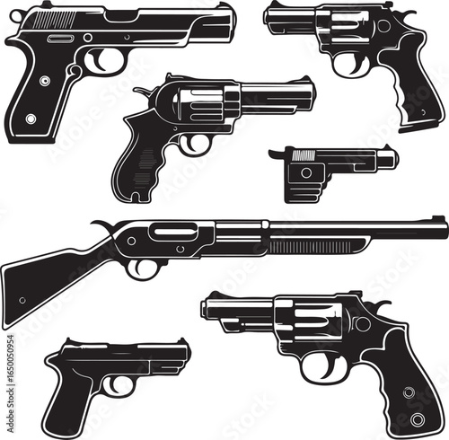 Assortment of Vintage and Modern Handguns and Shotgun Silhouettes pistol revolver