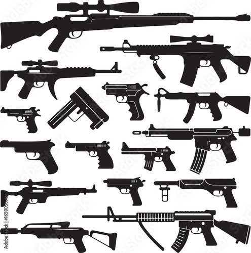 Collection of Black Silhouette Firearms and Rifles on White Background shotgun pistol