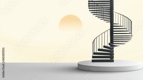 Elegant spiral staircase illuminated by a soft sunset.