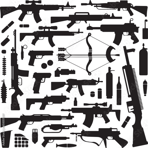 Assortment of Weapon Silhouettes Including Firearms Ammunition Bow and Arrow and Gas Tanks