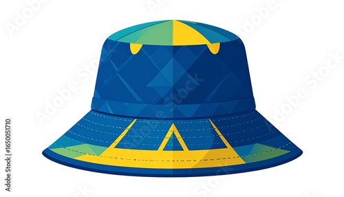 Vibrant blue and yellow bucket hat with geometric design.