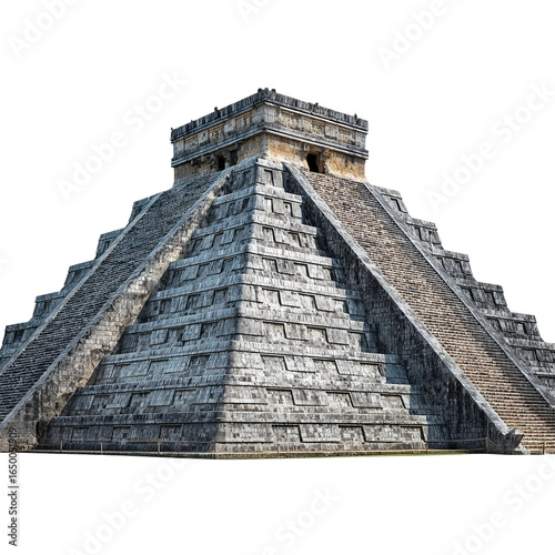 Majestic Chichen Itza: A symmetrical image of the famous El Castillo pyramid at Chichen Itza, showcasing its ancient architecture against a clear sky. Explore the cultural heritage.