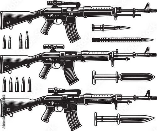 Vintage Military Rifle and Bayonet Illustrations with Ammunition weapon