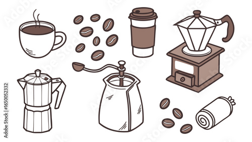 Coffee cup beans grinders and moka pot steam